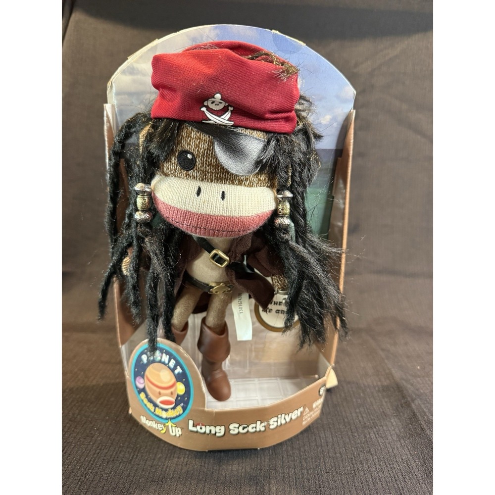 Vtg 2013 Long Sock Silver Planet Sock Monkey Pirate Toy w/ Sword & Hook Boxed